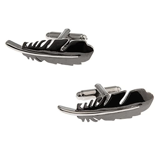 Two feather-shaped cufflinks, silver and black, on a white background
