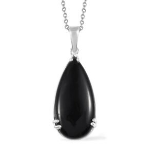 Black teardrop pendant necklace with silver chain and setting