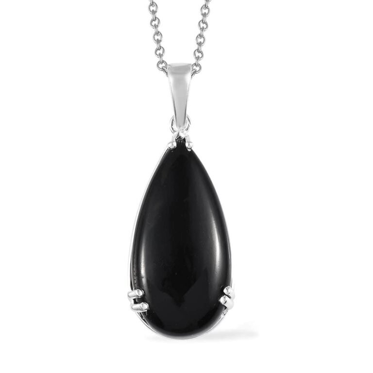 Black teardrop pendant necklace with silver chain and setting