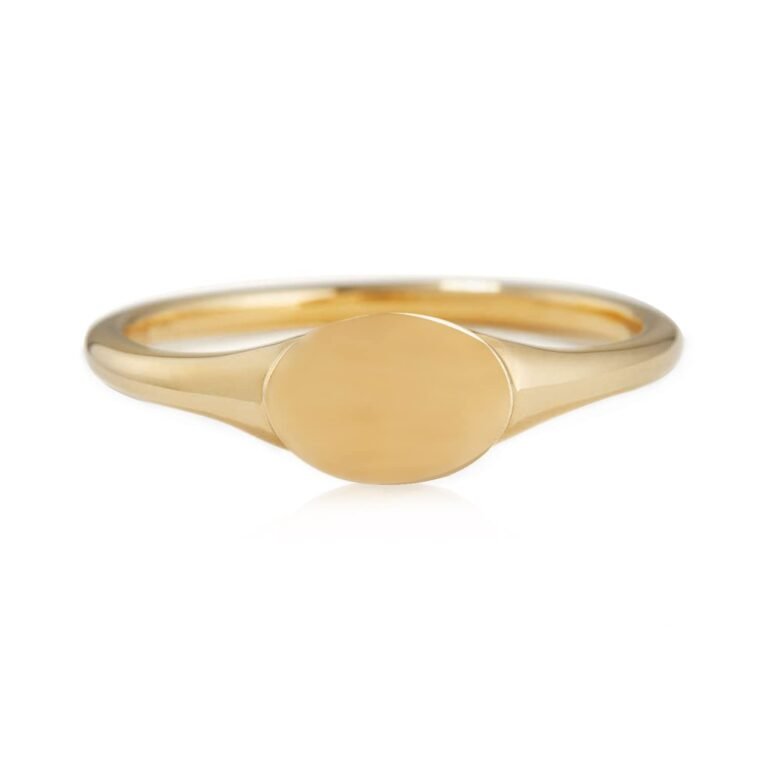Gold signet ring with a smooth, oval face on a white background