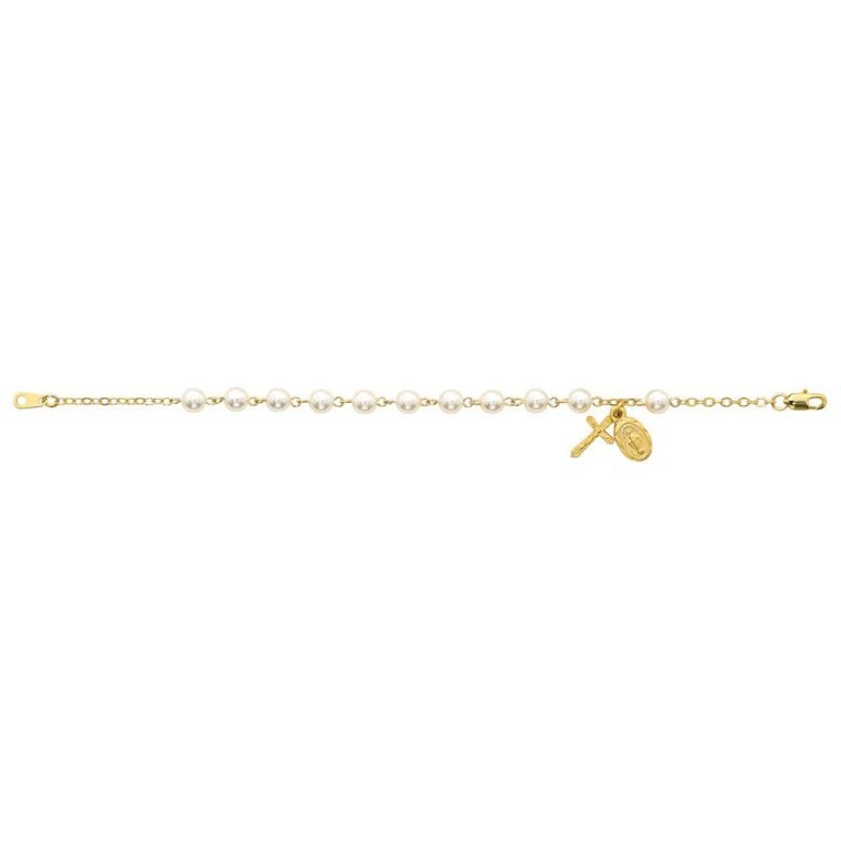 Gold pearl bracelet with cross and religious medal charm