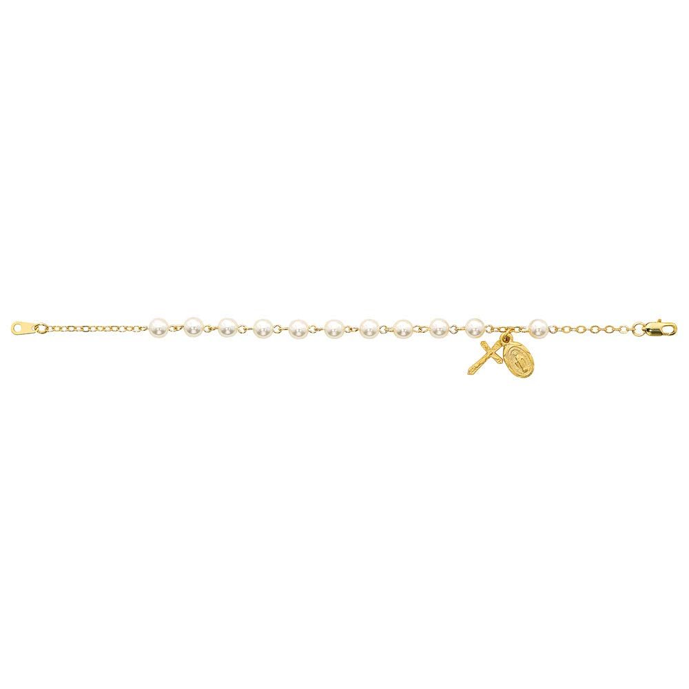 Gold pearl bracelet with cross and religious medal charm