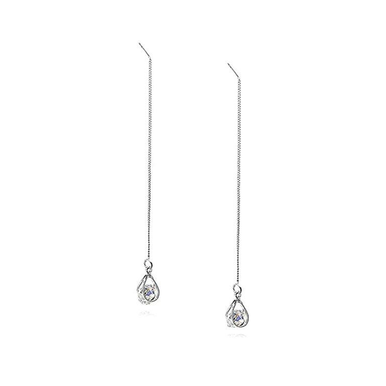 Silver chain earrings with teardrop-shaped crystal pendants, dangling