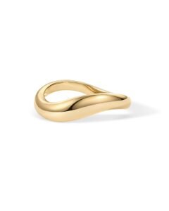 Gold ring with a smooth, flowing, abstract design on white background