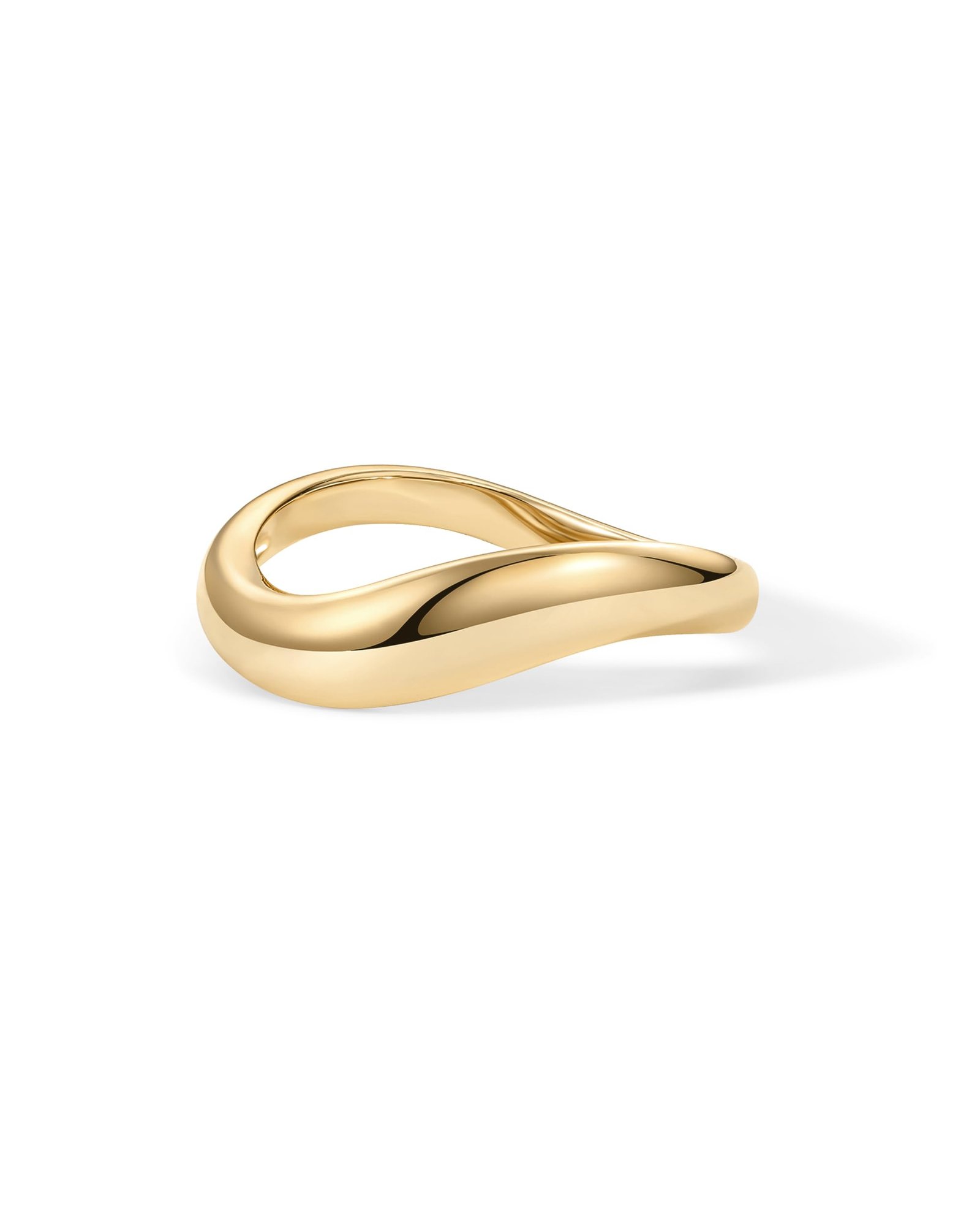 Gold ring with a smooth, flowing, abstract design on white background