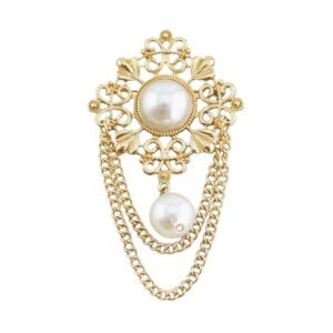 Gold brooch with pearl accents and dangling chains