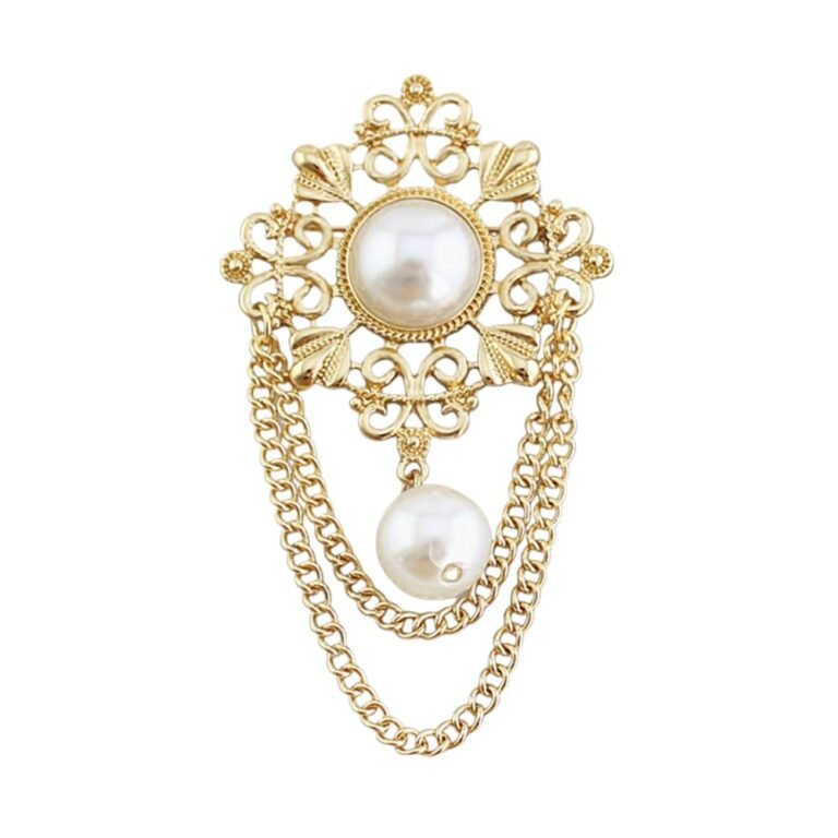 Gold brooch with pearl accents and dangling chains