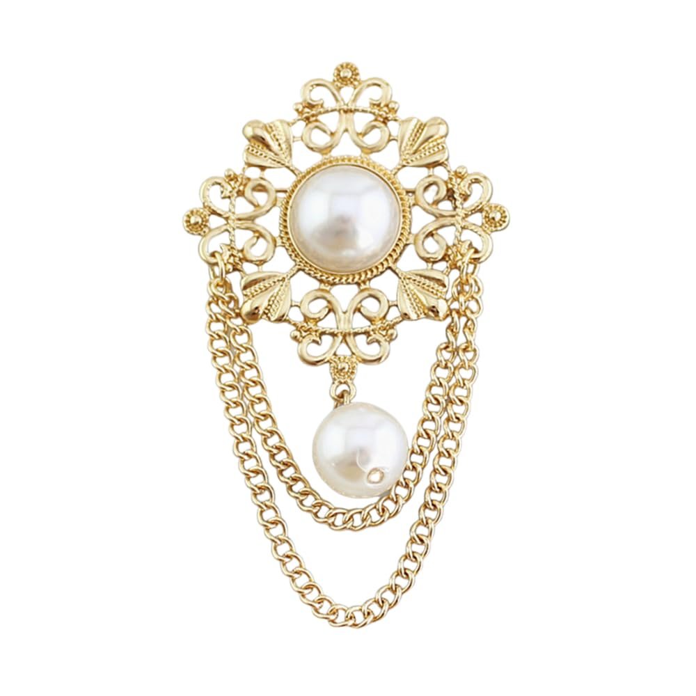 Gold brooch with pearl accents and dangling chains