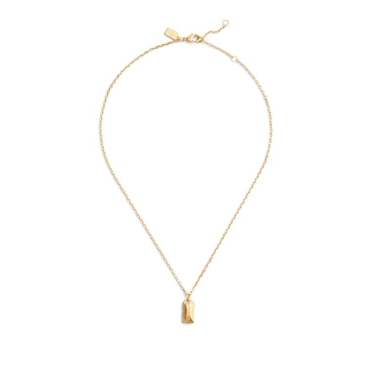 Gold necklace with a rectangular pendant on a white background