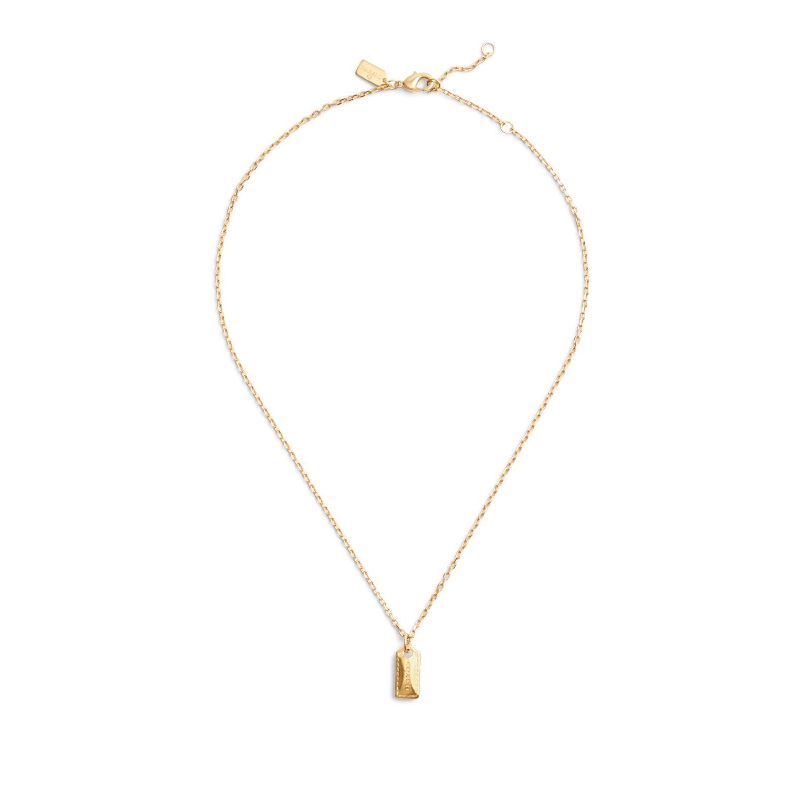 Gold necklace with a rectangular pendant on a white background