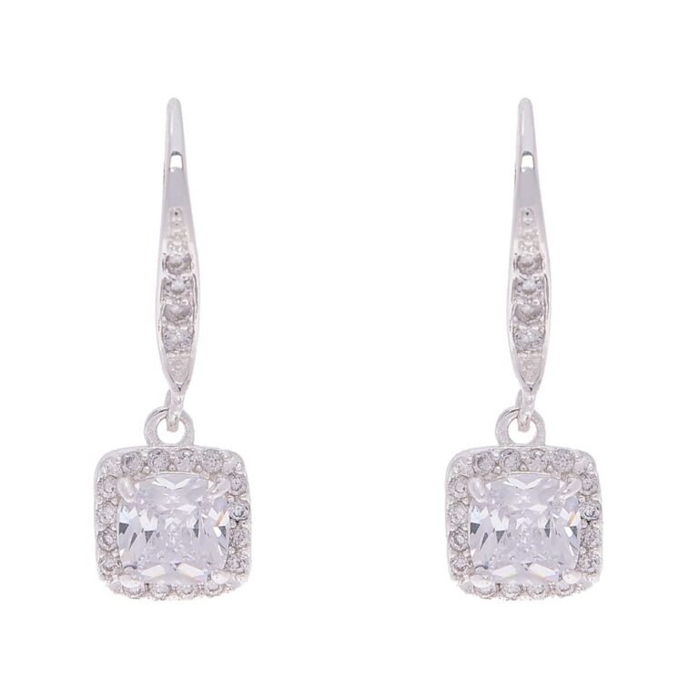 Pair of silver earrings with square, clear center stones and halos