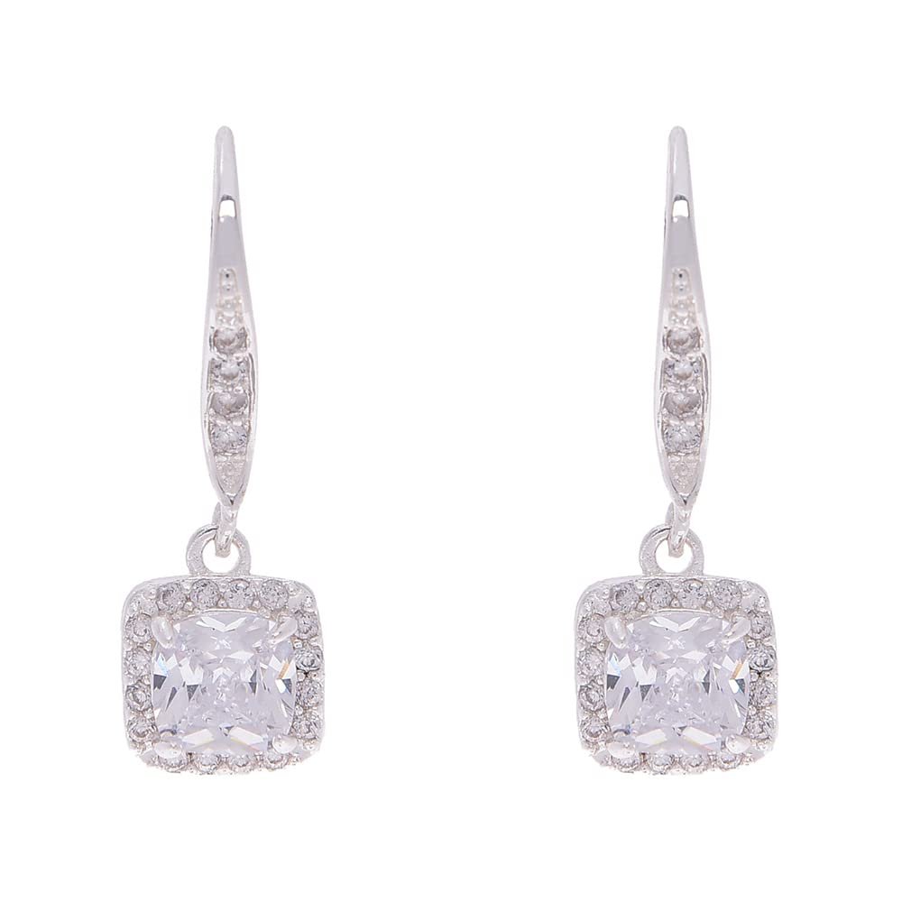 Pair of silver earrings with square, clear center stones and halos