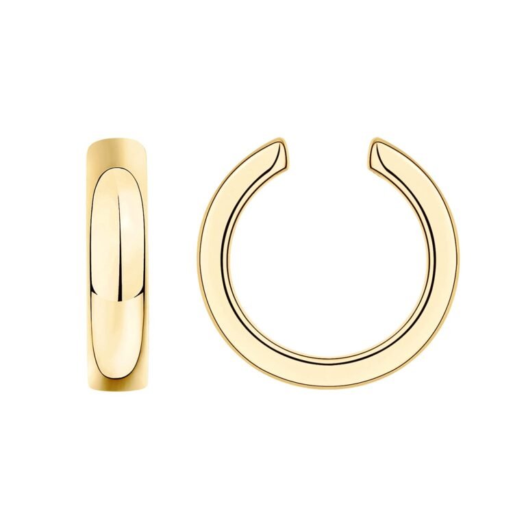 Two gold ear cuffs, one closed and one open, on a white background