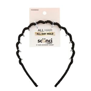 Black Scunci headband with white plastic grips on a white product card