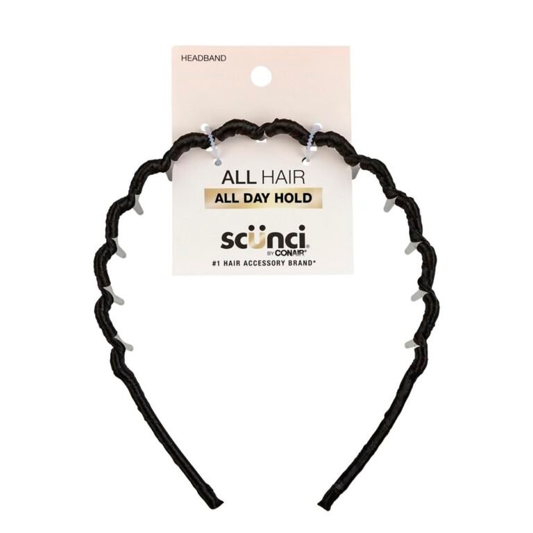 Black Scunci headband with white plastic grips on a white product card