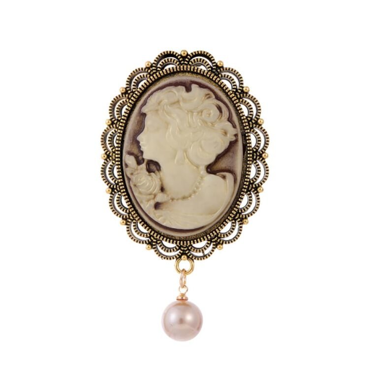 Vintage cameo brooch with a pearl drop, oval frame, and woman's profile