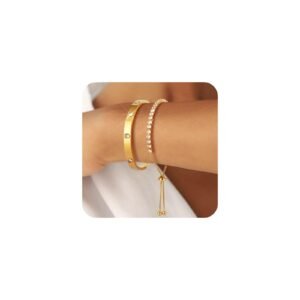 Two gold bracelets with diamonds on a wrist