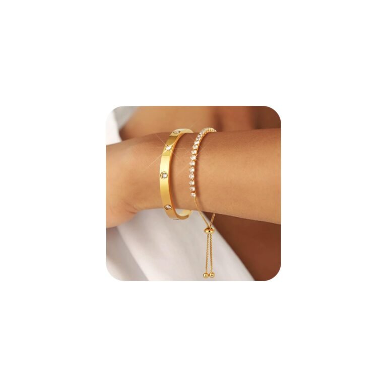 Two gold bracelets with diamonds on a wrist
