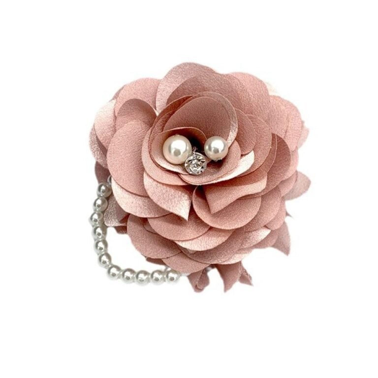 Pink fabric flower wrist corsage with pearl and rhinestone accents