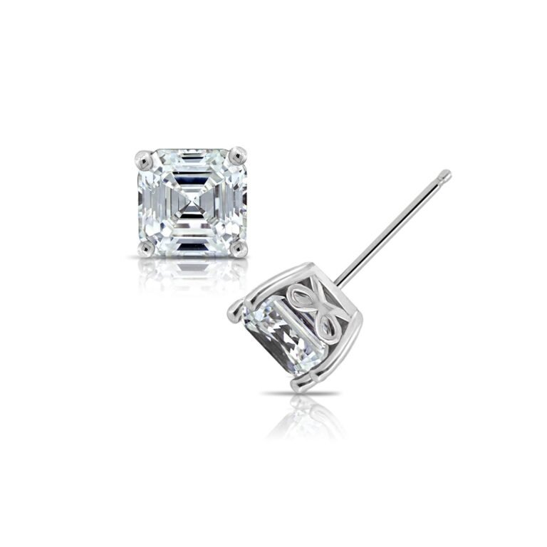 Diamond stud earrings with square cut stones on a white background
