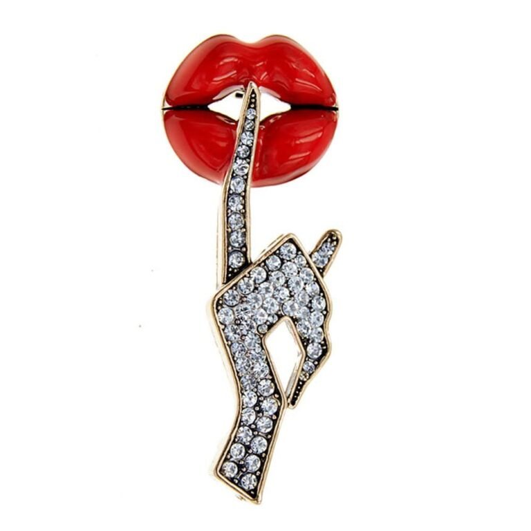 Red lips with a finger to the lips, rhinestone hand gesture pin