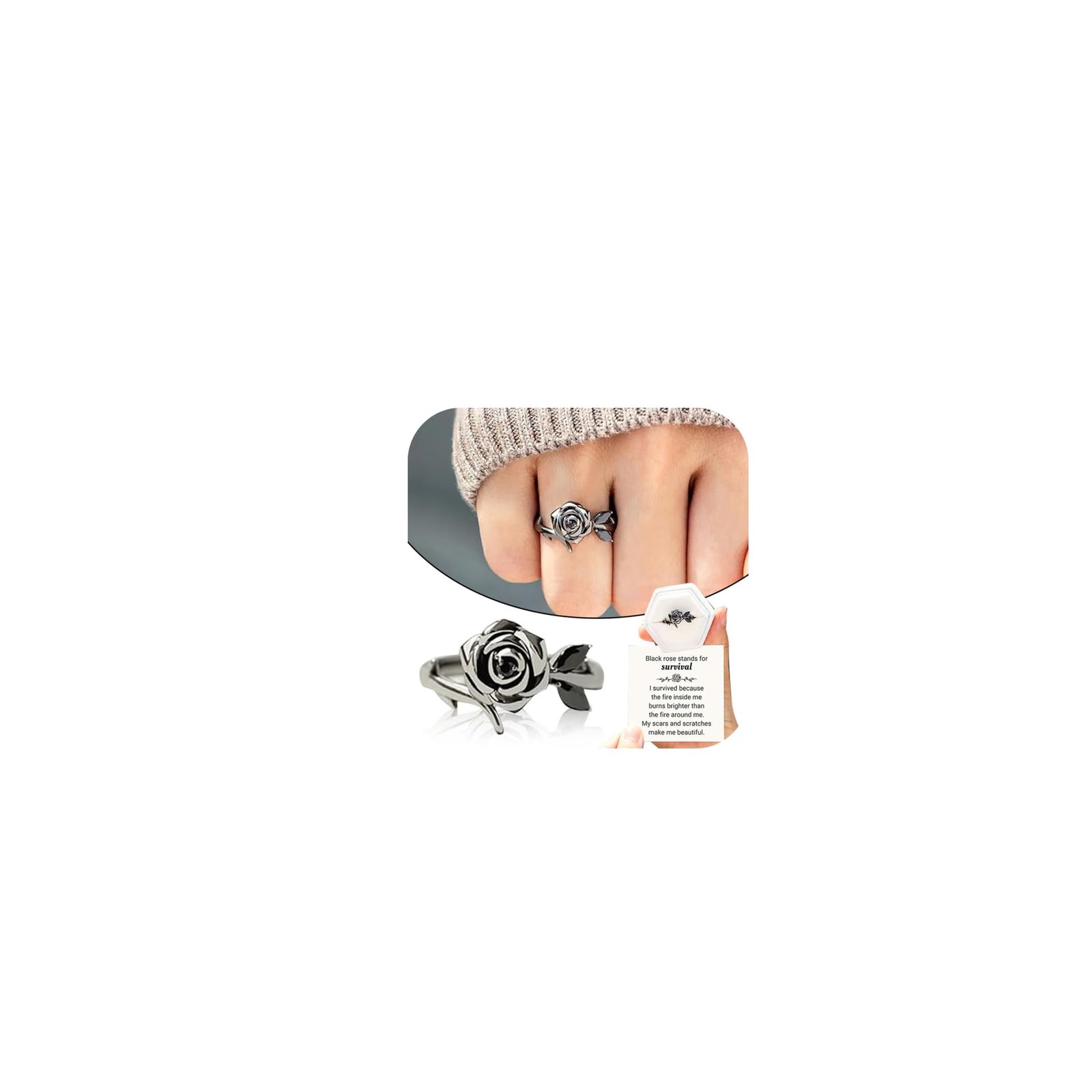 Rose ring on a finger, with a separate ring and a card