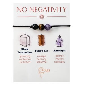 Bracelet with black tourmaline, tiger's eye, and amethyst beads, "No Negativity" card