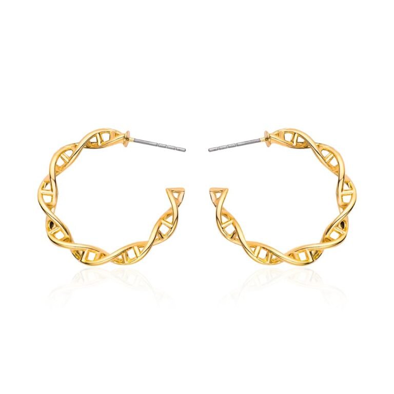 Gold hoop earrings in a DNA double helix design