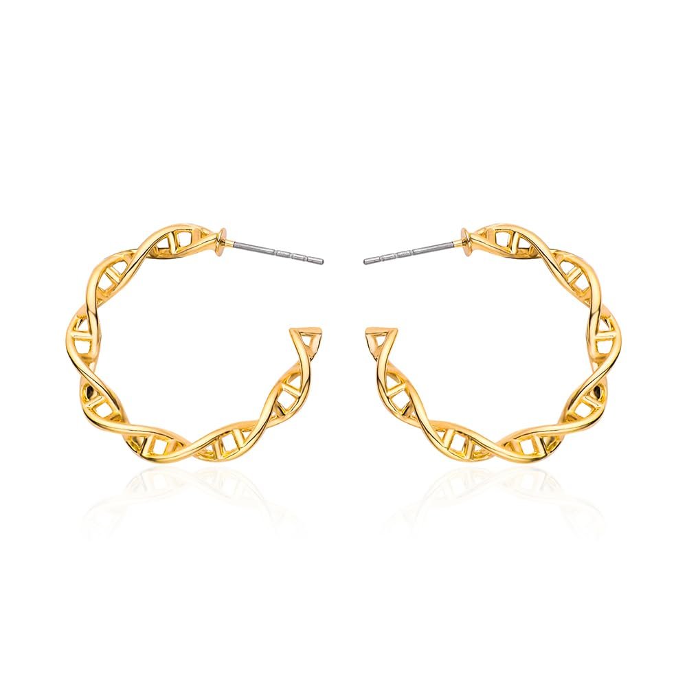 Gold hoop earrings in a DNA double helix design