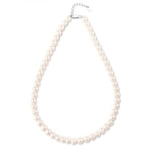 Pearl necklace with silver clasp on a white background