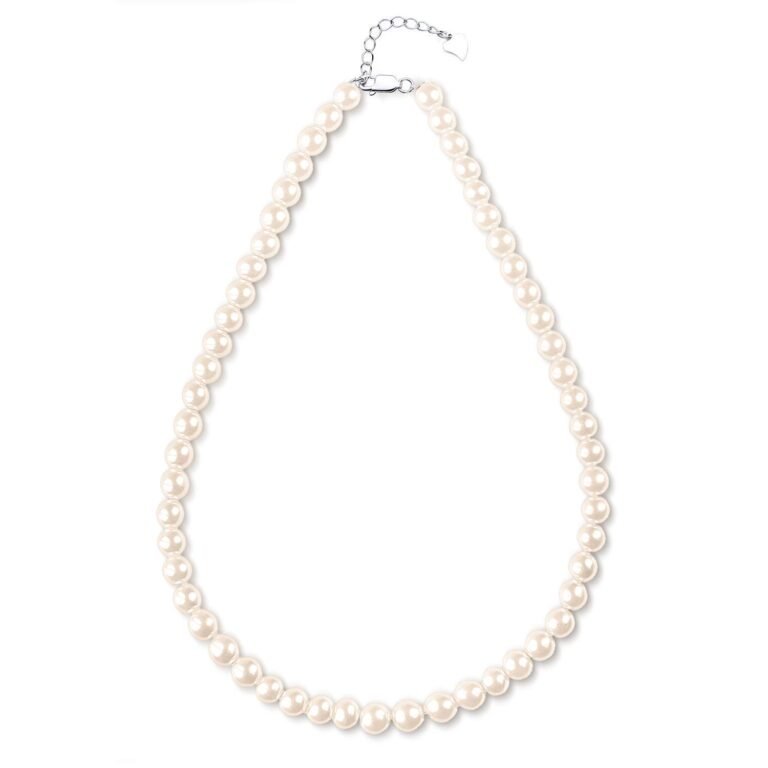 Pearl necklace with silver clasp on a white background