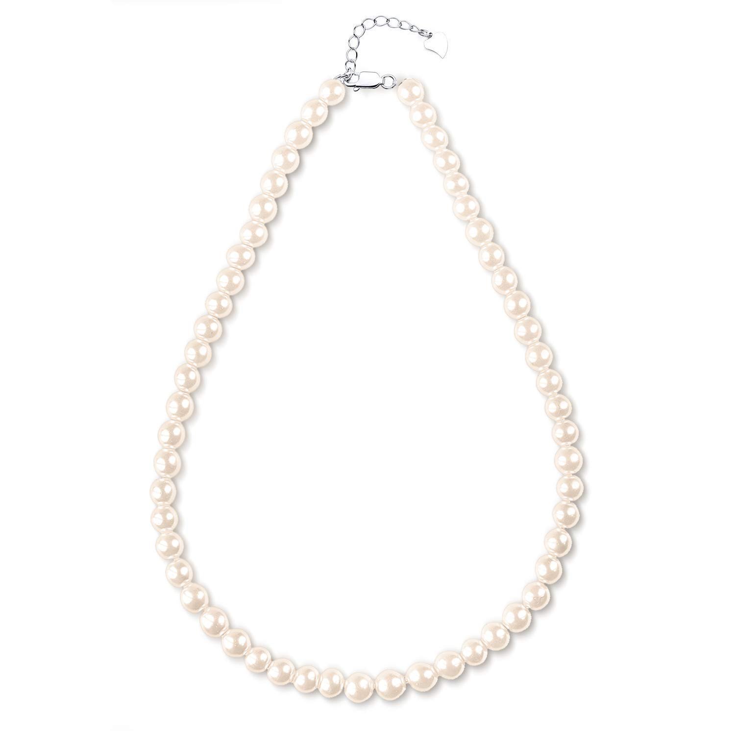 Pearl necklace with silver clasp on a white background