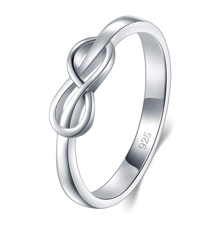 Silver ring with an infinity knot design, marked "925"