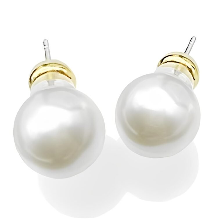 Pair of pearl stud earrings with gold accents on white background