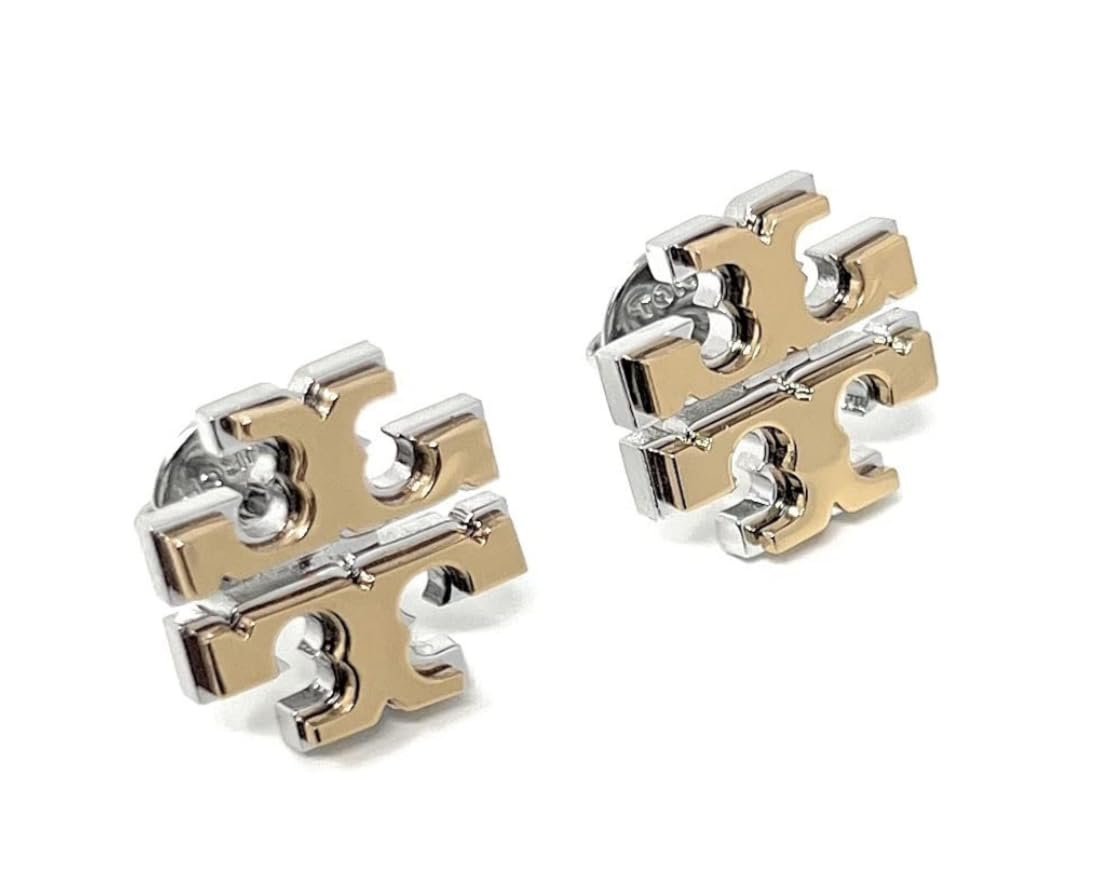 Two-tone Tory Burch logo stud earrings on a white background