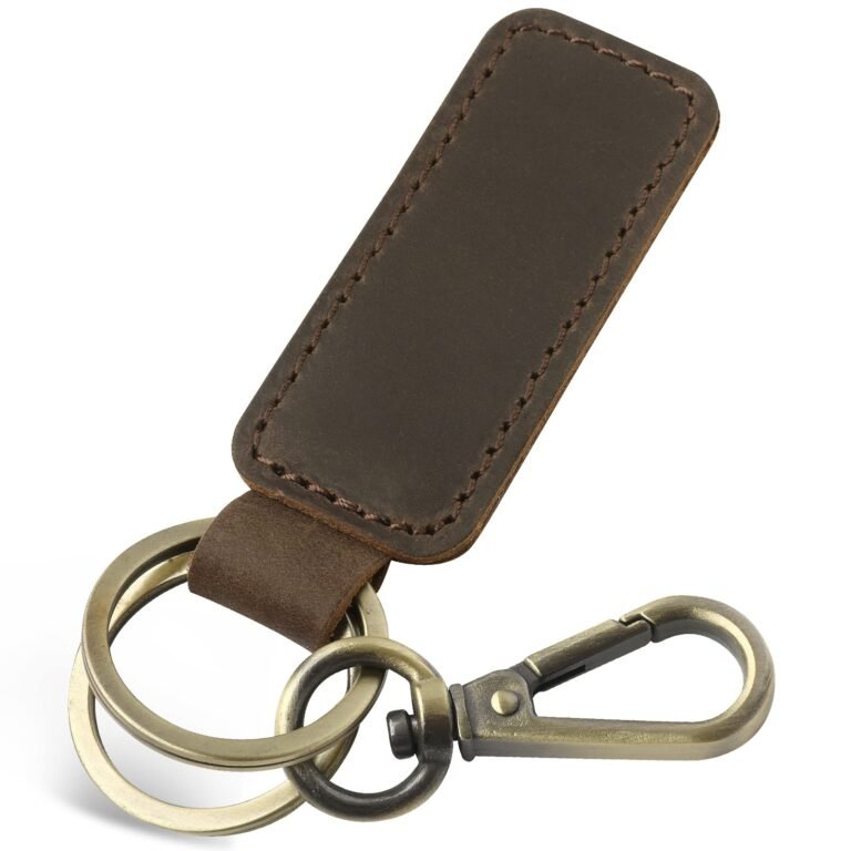 Brown leather keychain with metal rings and clasp