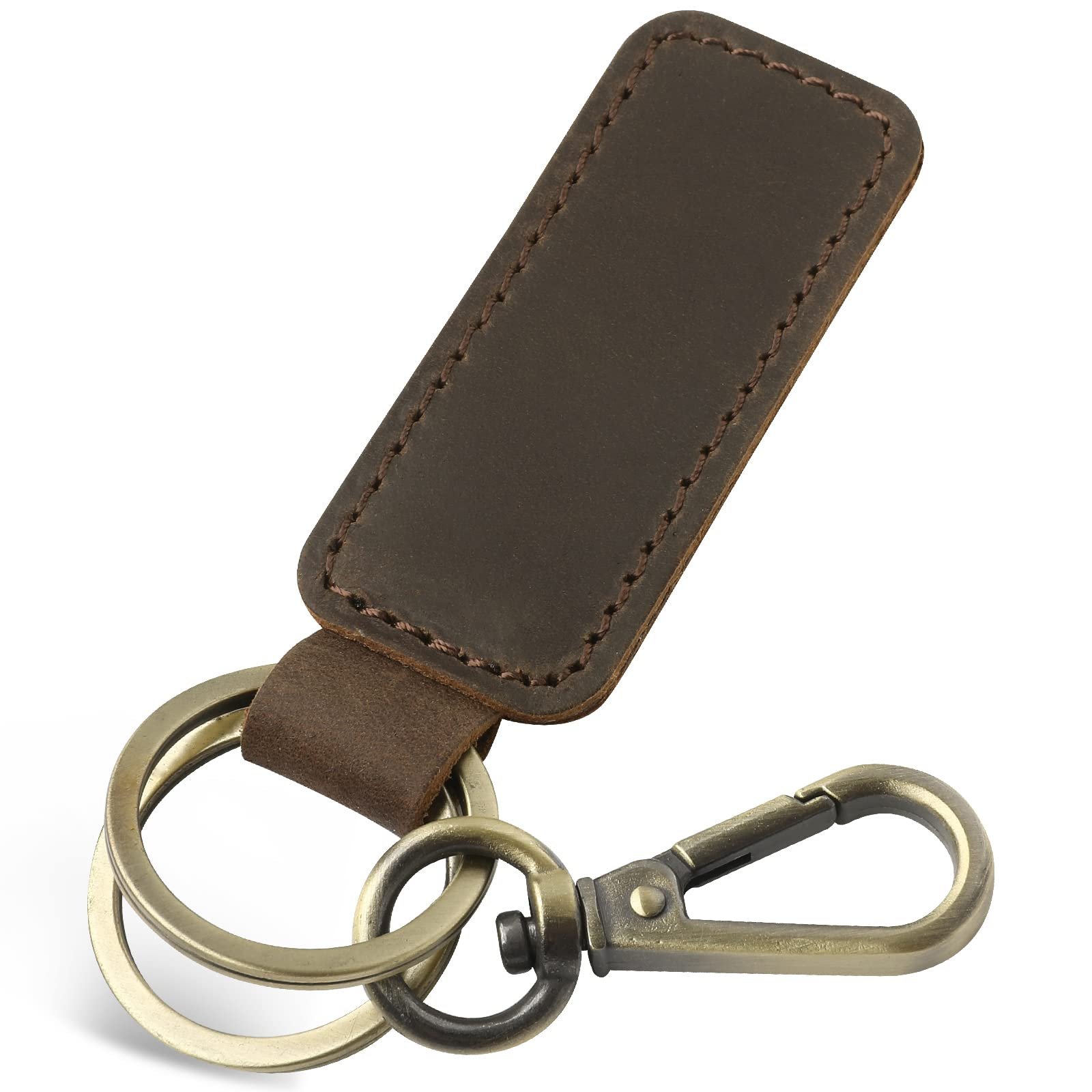 Brown leather keychain with metal rings and clasp
