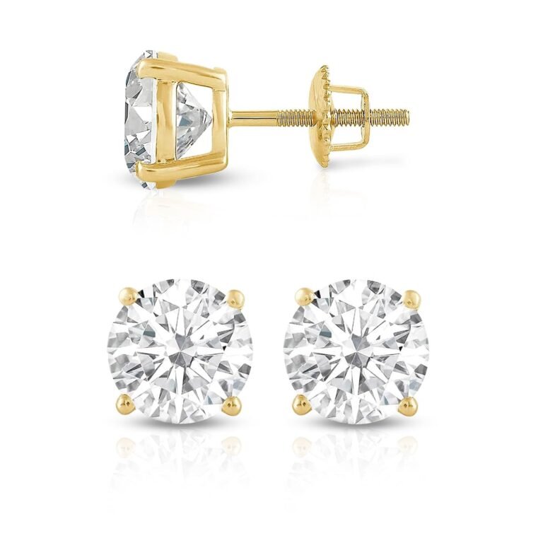 Diamond stud earrings with gold settings, displayed in multiple views