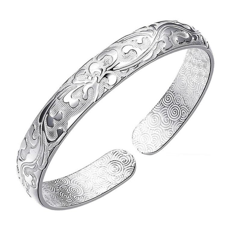 Silver open cuff bracelet with floral and swirl pattern details
