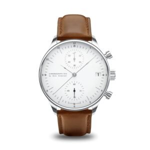 Silver wristwatch with white face, brown leather strap, and chronograph features