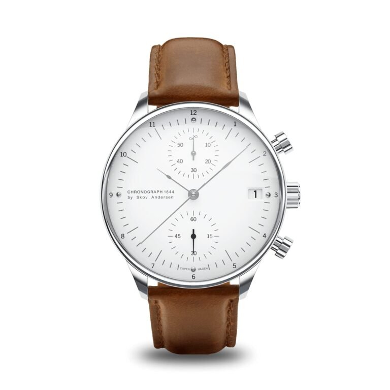 Silver wristwatch with white face, brown leather strap, and chronograph features
