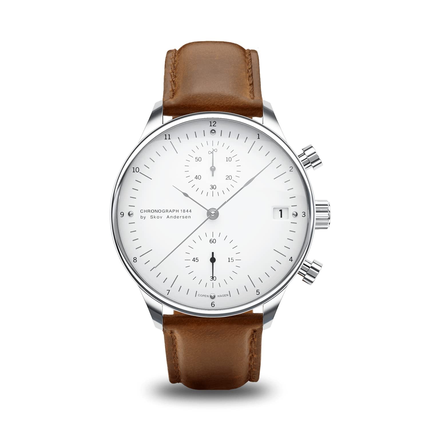 Silver wristwatch with white face, brown leather strap, and chronograph features