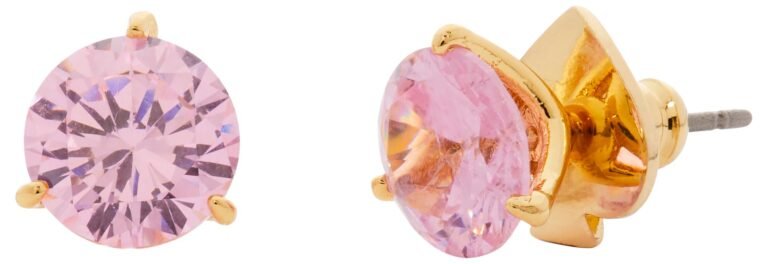 Pink gemstone stud earrings with gold setting and spade detail