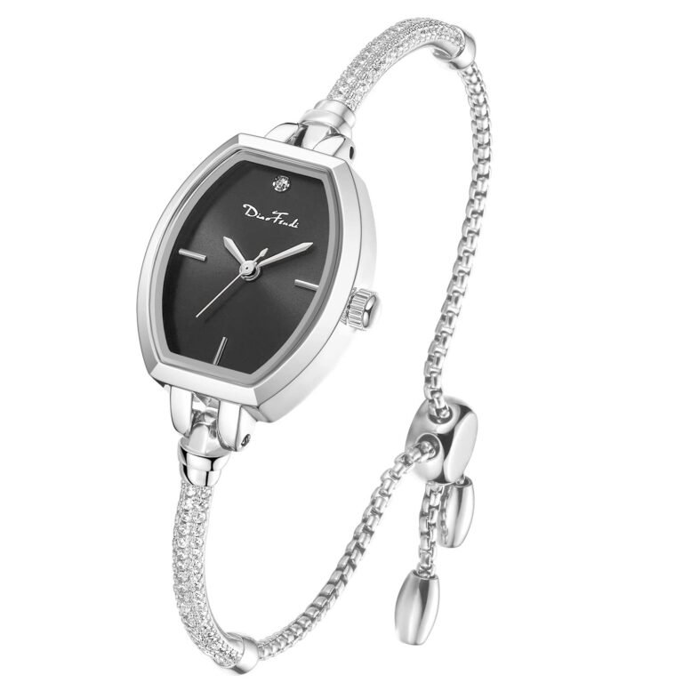 Silver wristwatch with black face, diamond accents, and chain bracelet