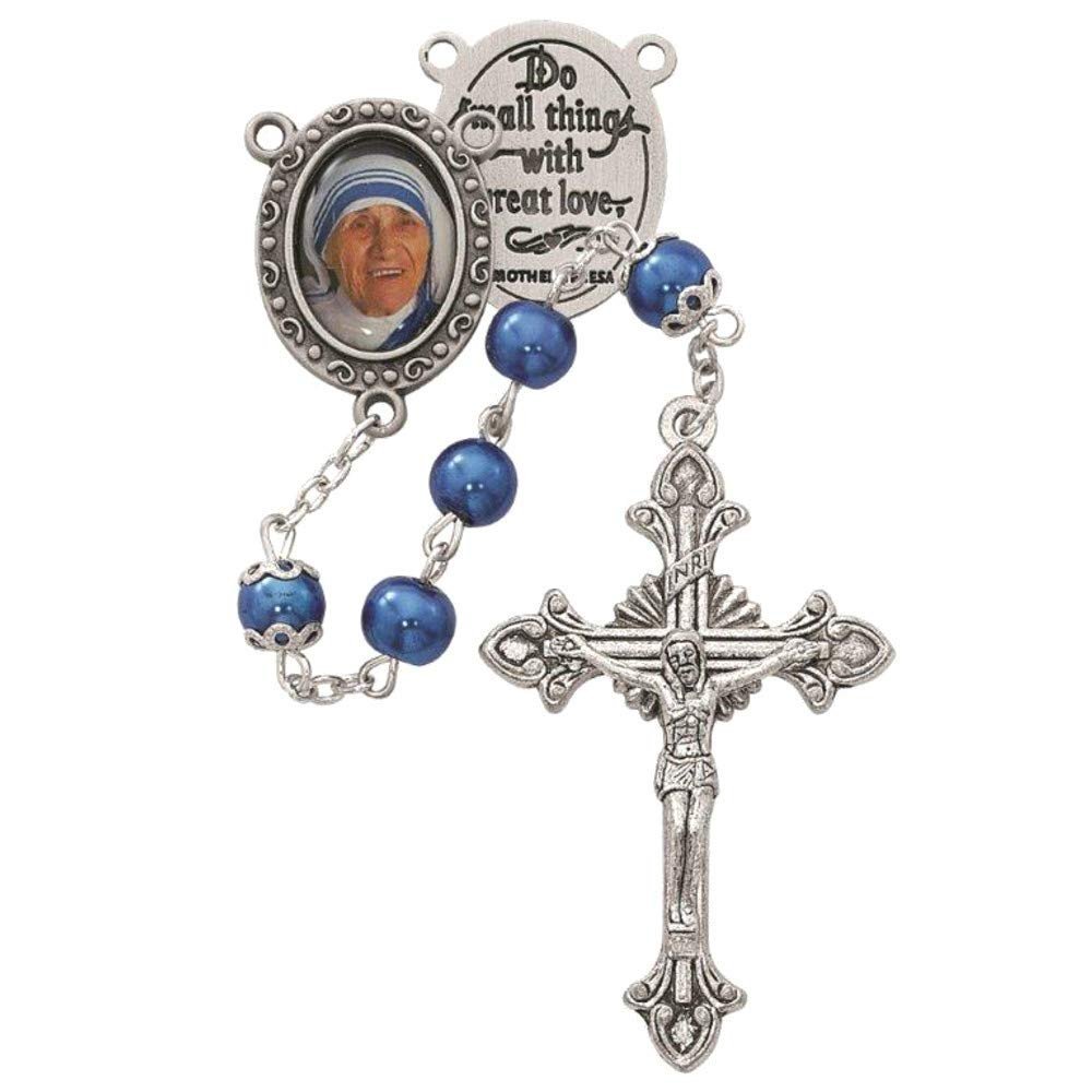 Rosary with Mother Teresa image, blue beads, and a crucifix