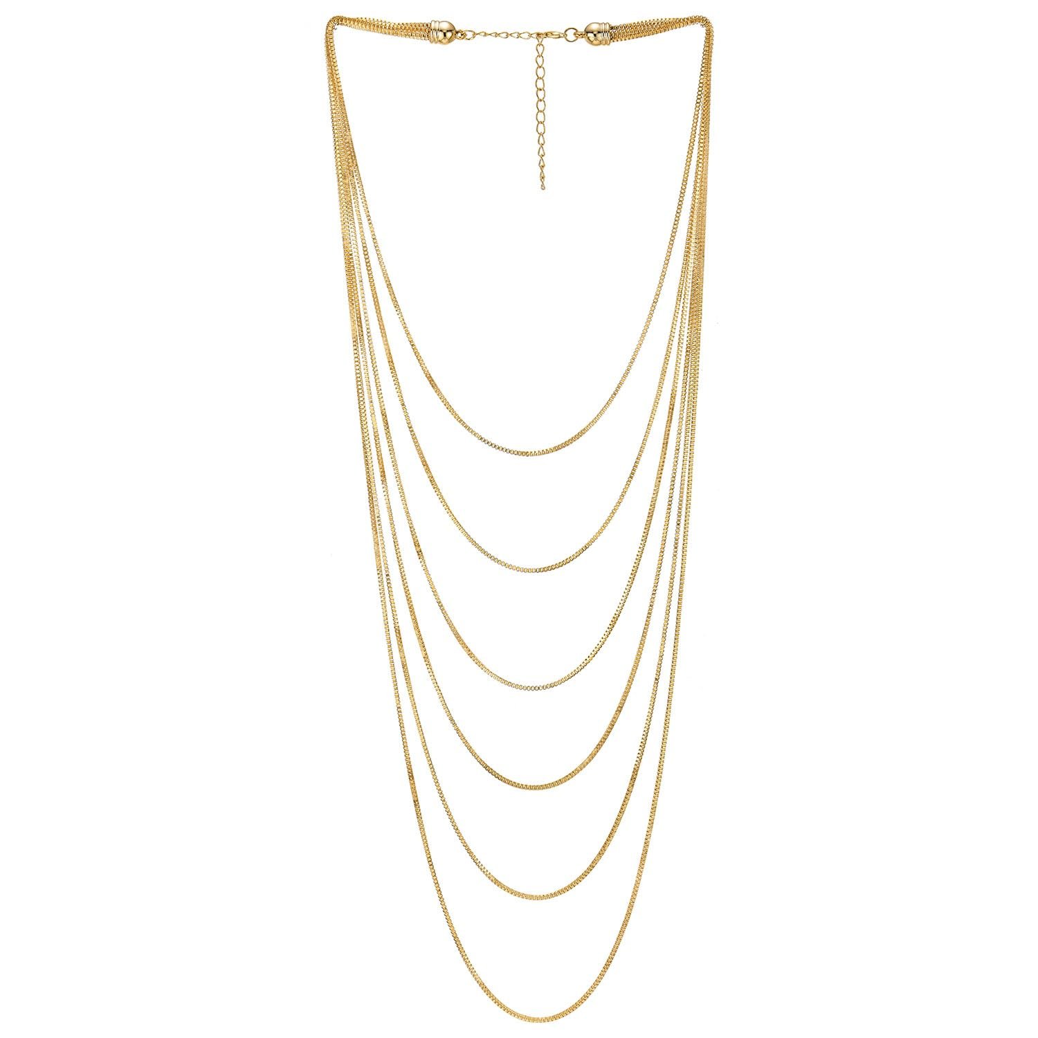 Gold layered necklace with multiple chains cascading down