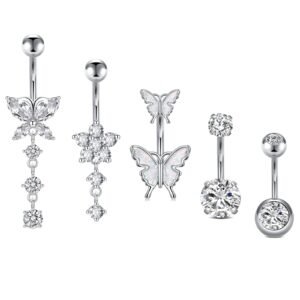 Five silver belly button rings with various crystal designs