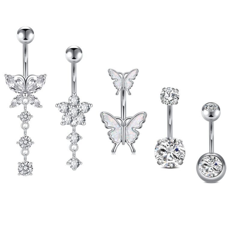 Five silver belly button rings with various crystal designs