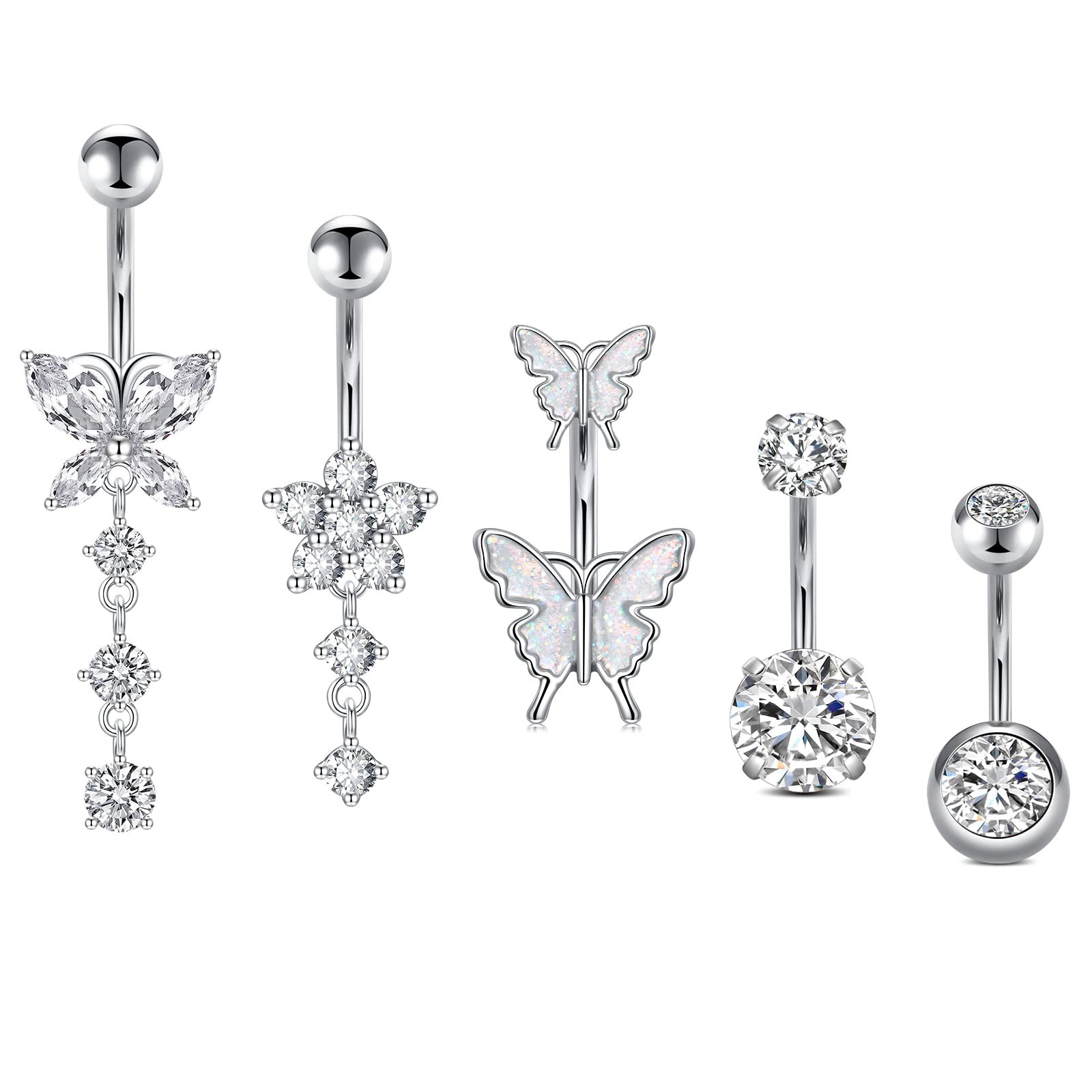 Five silver belly button rings with various crystal designs