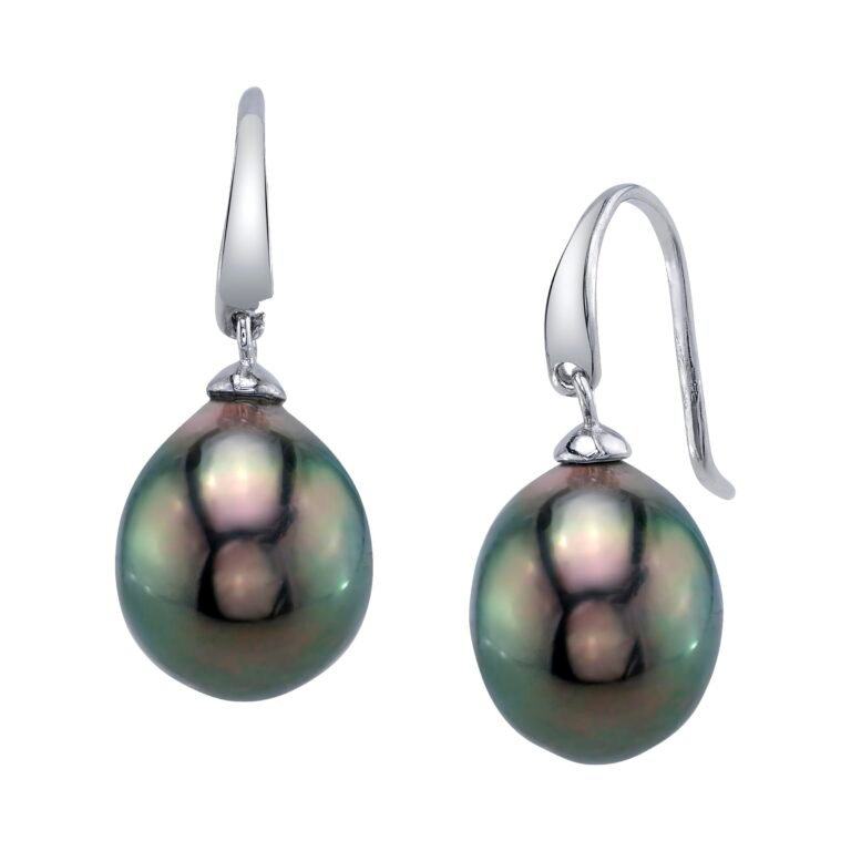 Pair of silver earrings with large, dark green-grey pearls